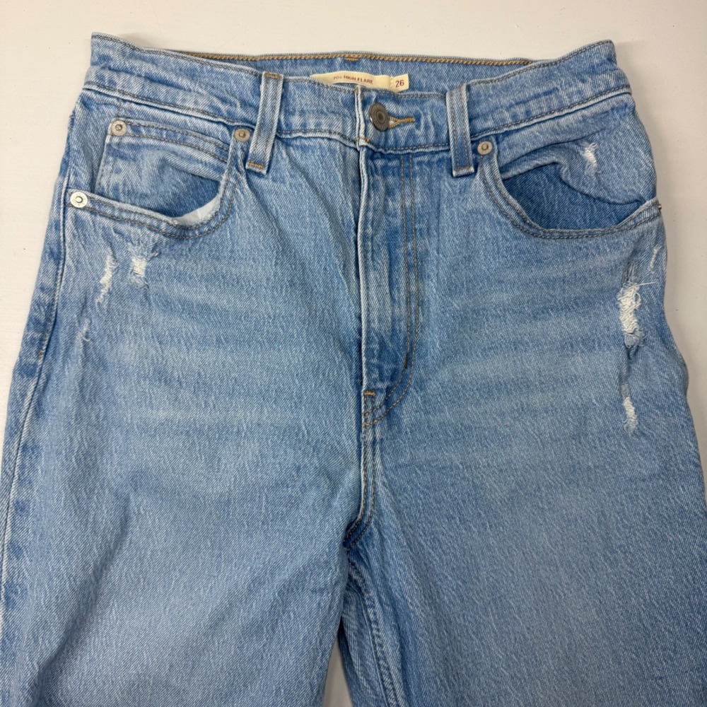 Levi's Premium 70s High Rise Flare Jeans Light Wash Distressed Sz 26x30‎ Western - Picture 3 of 8